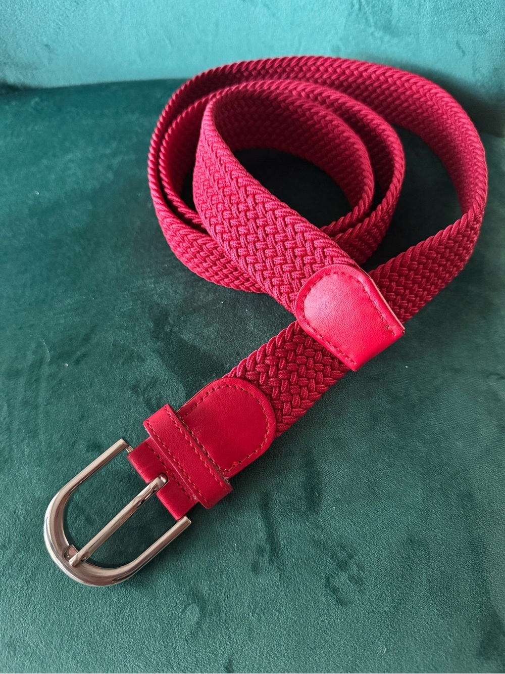 Red Woven Stretch Braided Belt Silver Buckle Adjustable